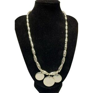 Heavy Silver Tone Oval Bead Necklace With Circular Pendants & Adjustable Chain